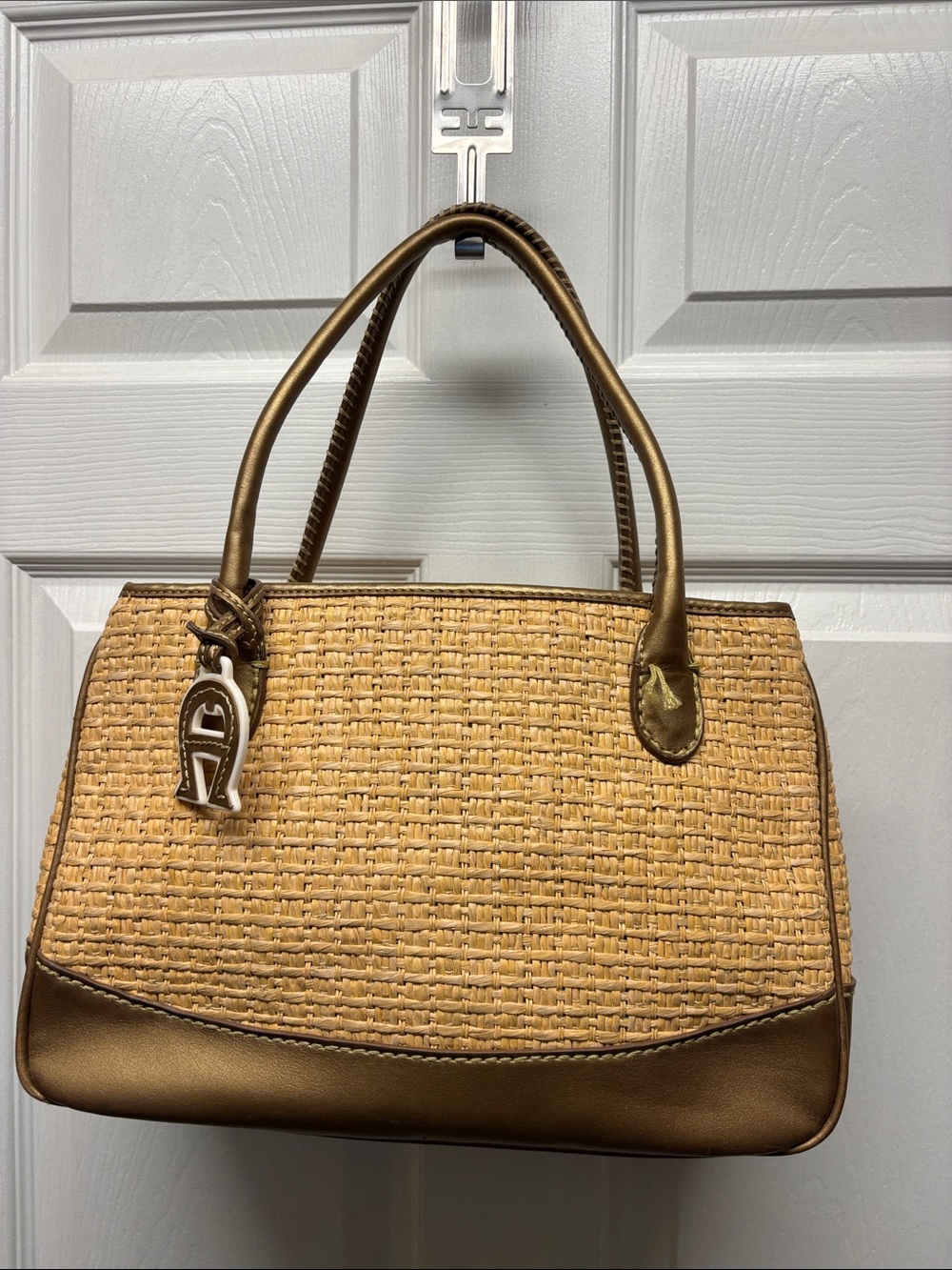 Etienne Aigner Vintage Woven Straw Tote Bag with Metallic Trim - Gold